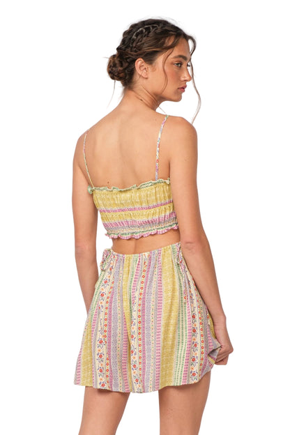 Womens striped backless sundress with smocked bandeau and multicolor trim, spaghetti straps