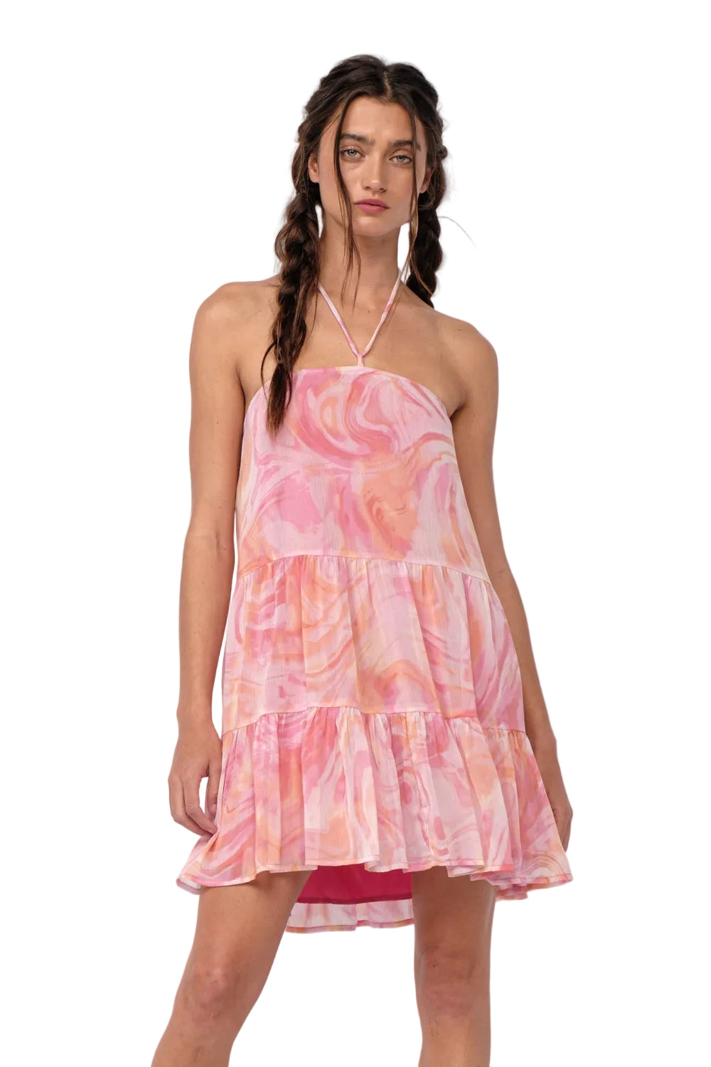 Pink tie-strap halter mini dress with tiered ruffles and swirl pattern