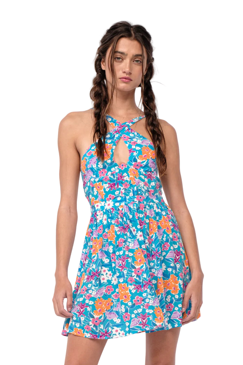 Floral halter mini dress with bright blue base and tiered skirt