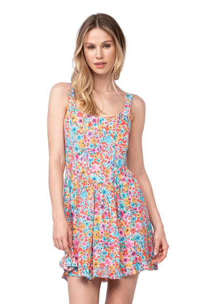Floral print sundress with scoop neckline, ruffle-trim straps, short gathered skirt