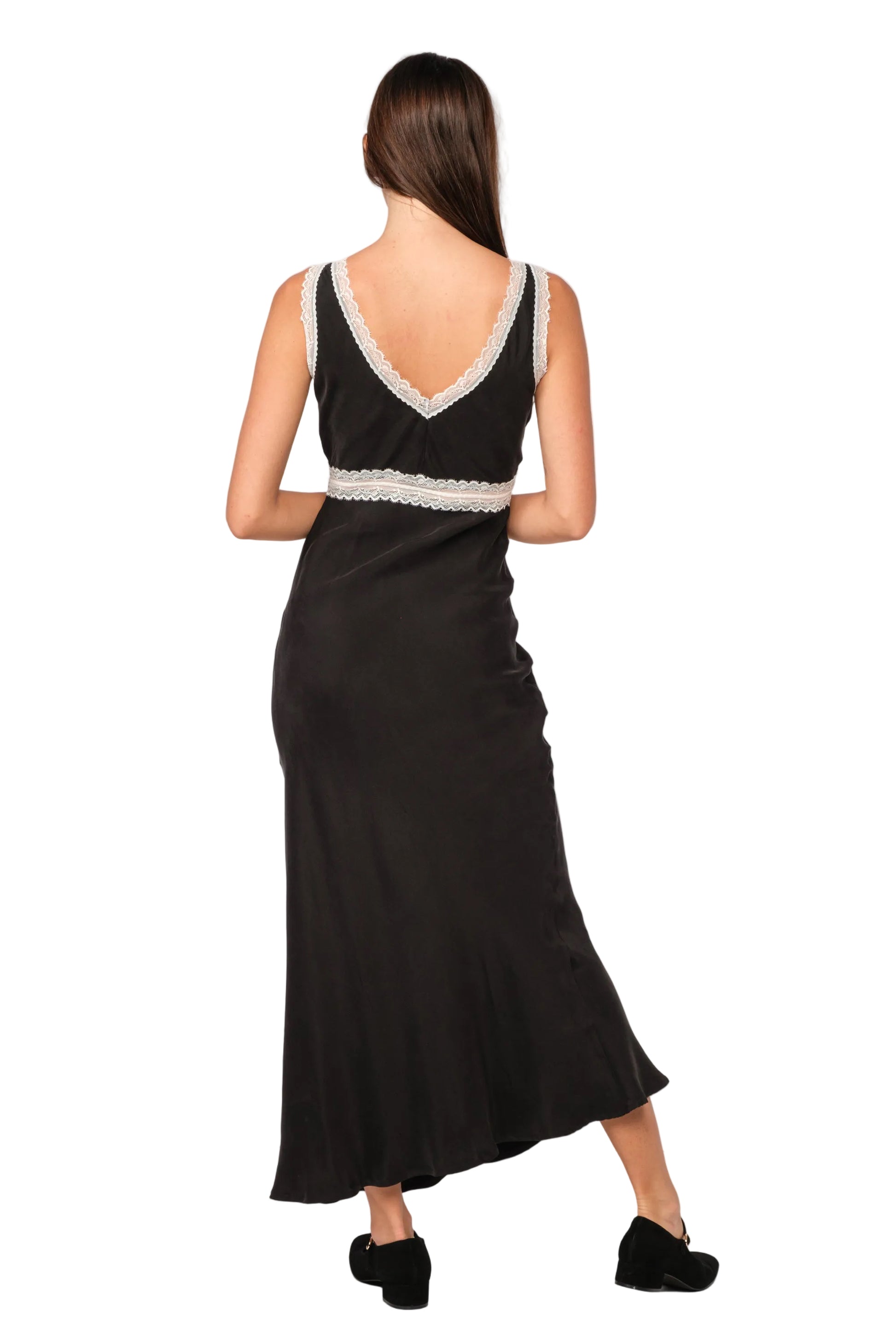 Sleeveless black dress with lace-trim V-neck and mermaid maxi hem