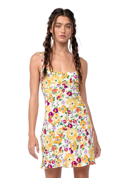 Floral mini dress with spaghetti straps and square neckline, fitted bodice
