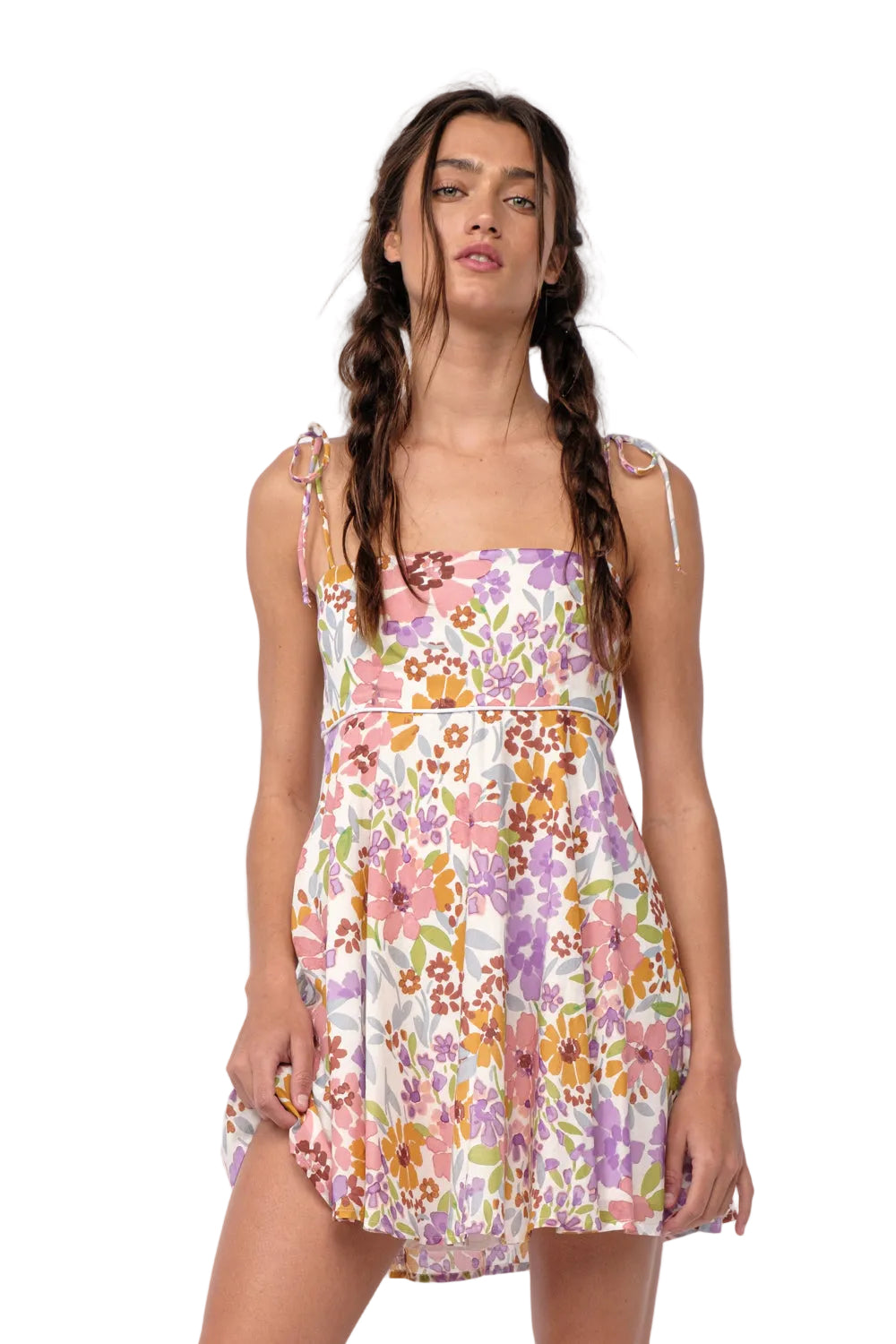 Floral sundress with square neckline and tie shoulder straps, tiered short hem