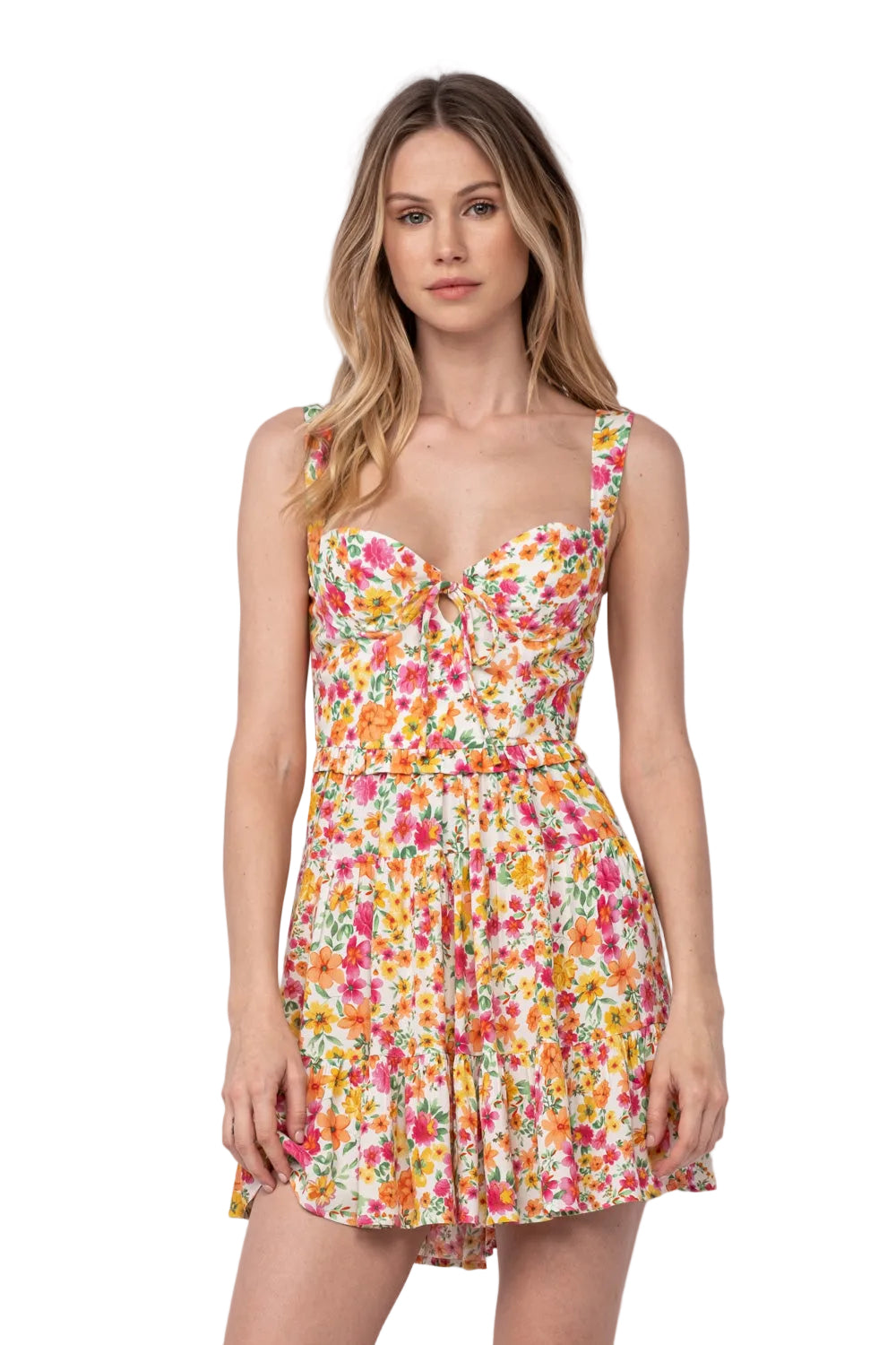 Floral mini dress with sweetheart neckline, spaghetti straps, cinched waist, tiered skirt