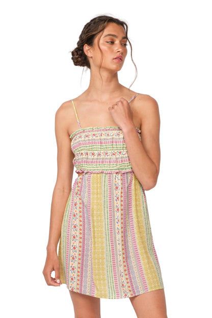 Womens striped sundress with embroidered trim and smocked bodice, spaghetti straps