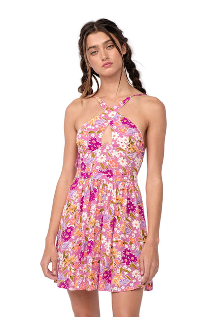 Floral halter dress with keyhole cutout, pink and yellow, tiered skirt