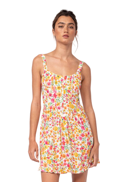 Floral sundress with spaghetti straps, square neckline, sleeveless mini dress