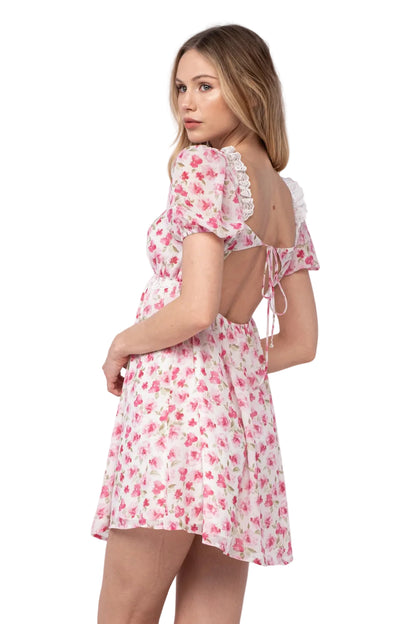 Floral mini dress with lace back detail and tied waist drawstring, puff sleeves