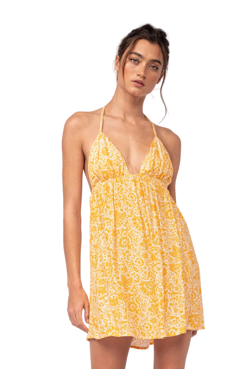 Khloe dress, yellow patterned halter mini with V neckline