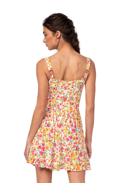 Floral mini dress with spaghetti straps, open back design