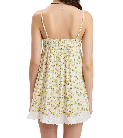Sophia dress: yellow floral spaghetti-strap mini with lace-trim hem (back)