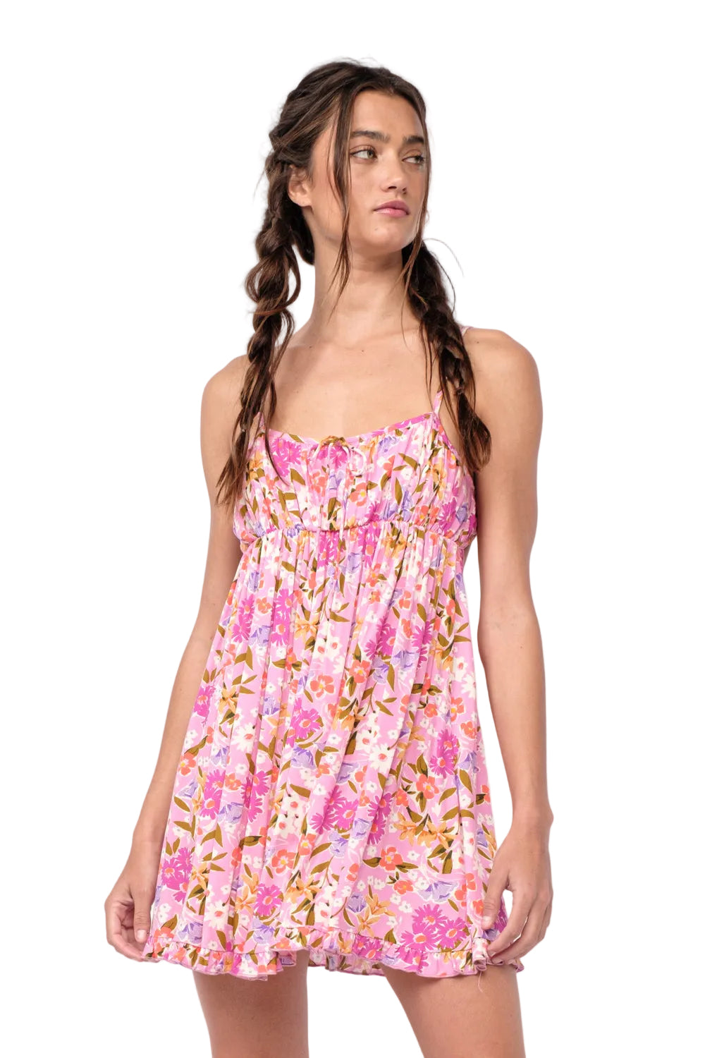 Floral mini dress with ruffle straps and smocked bodice, pink and yellow