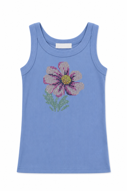 Blue ribbed tank top with daisy rhinestone floral graphic on the front