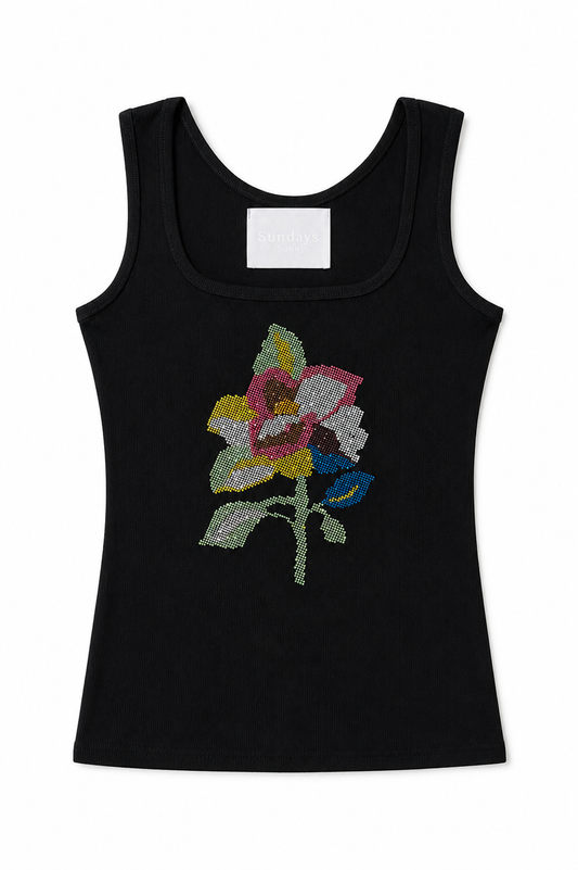 Black rhinestone flower tank top with multicolor floral applique