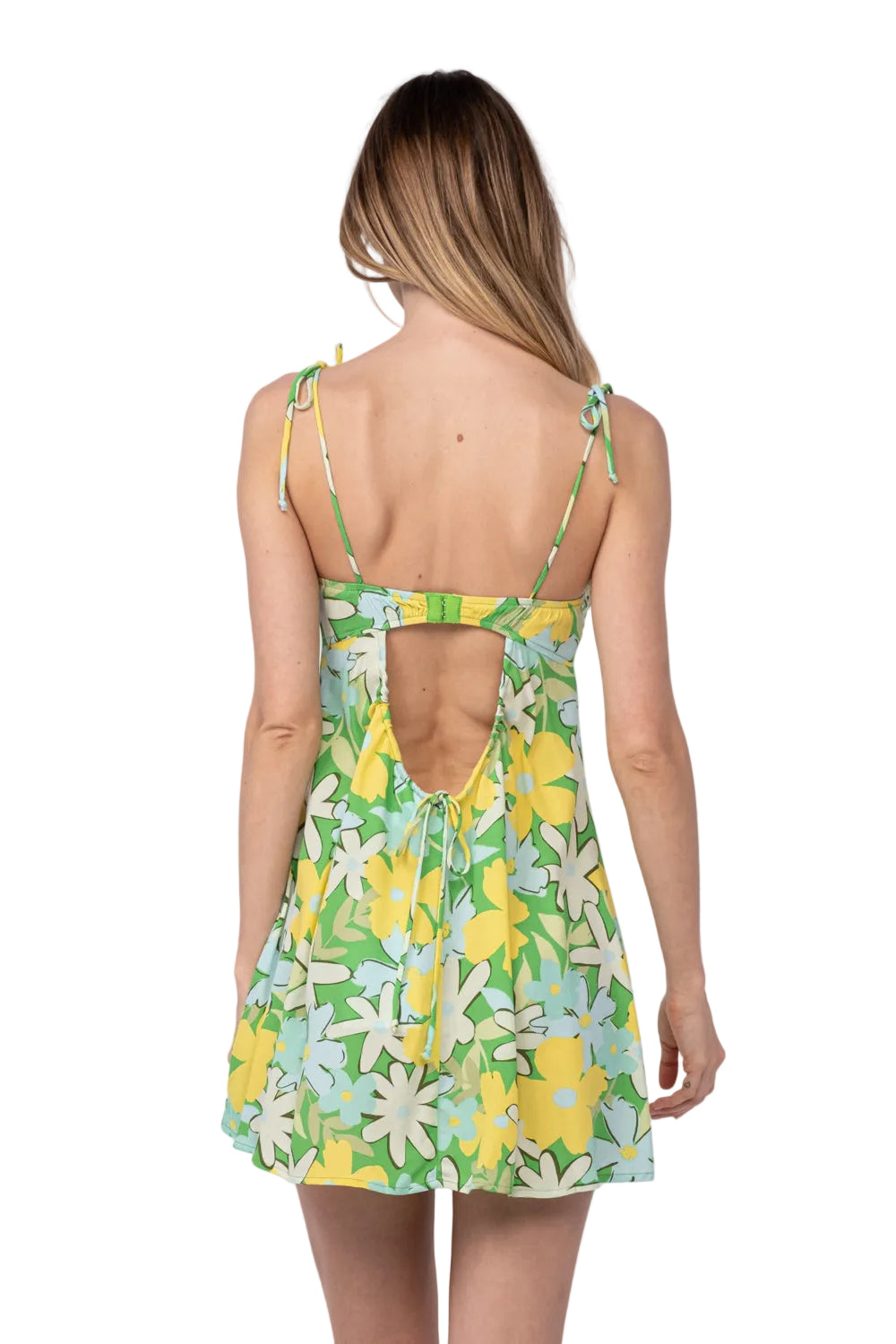 Floral sundress back with open back and tie straps, green/yellow print