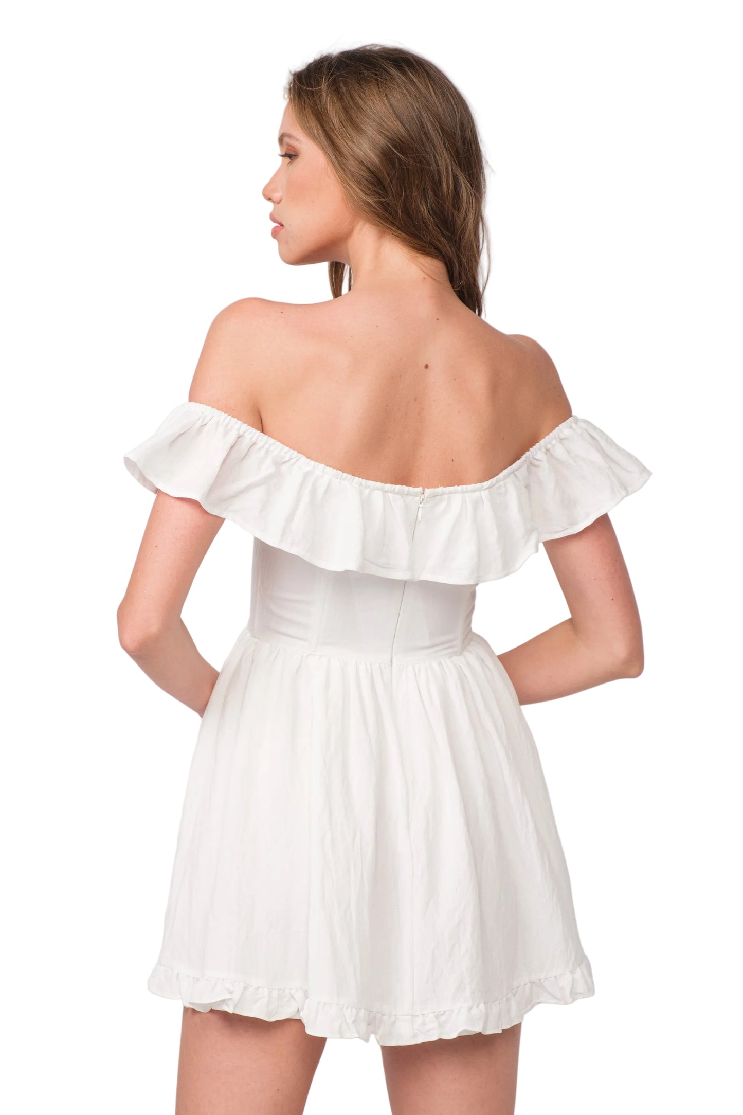 White off-shoulder ruffle mini dress, open back detail
