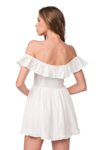 White off-shoulder ruffle mini dress, open back detail