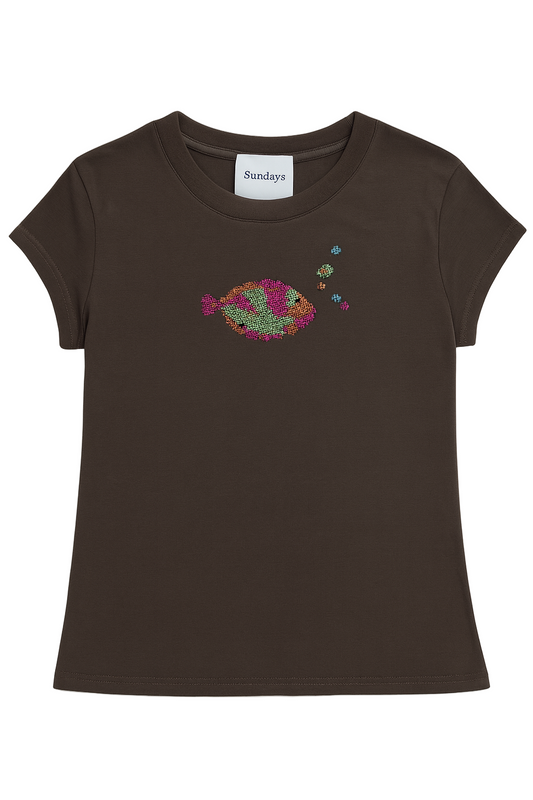 Brown t-shirt with a colorful fish design on a white background
