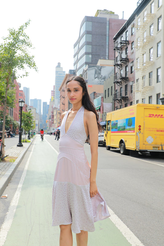 Sadie dress with white eyelet bodice and pale pink sleeveless midi skirt
