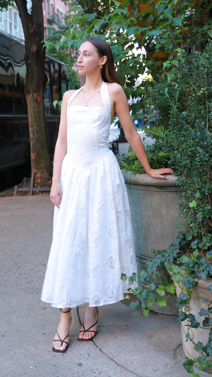 White Embroidered Halter Maxi Dress