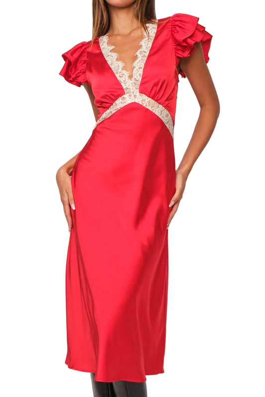 Knee-length red satin dress with lace V neckline and ruffled shoulder sleeves