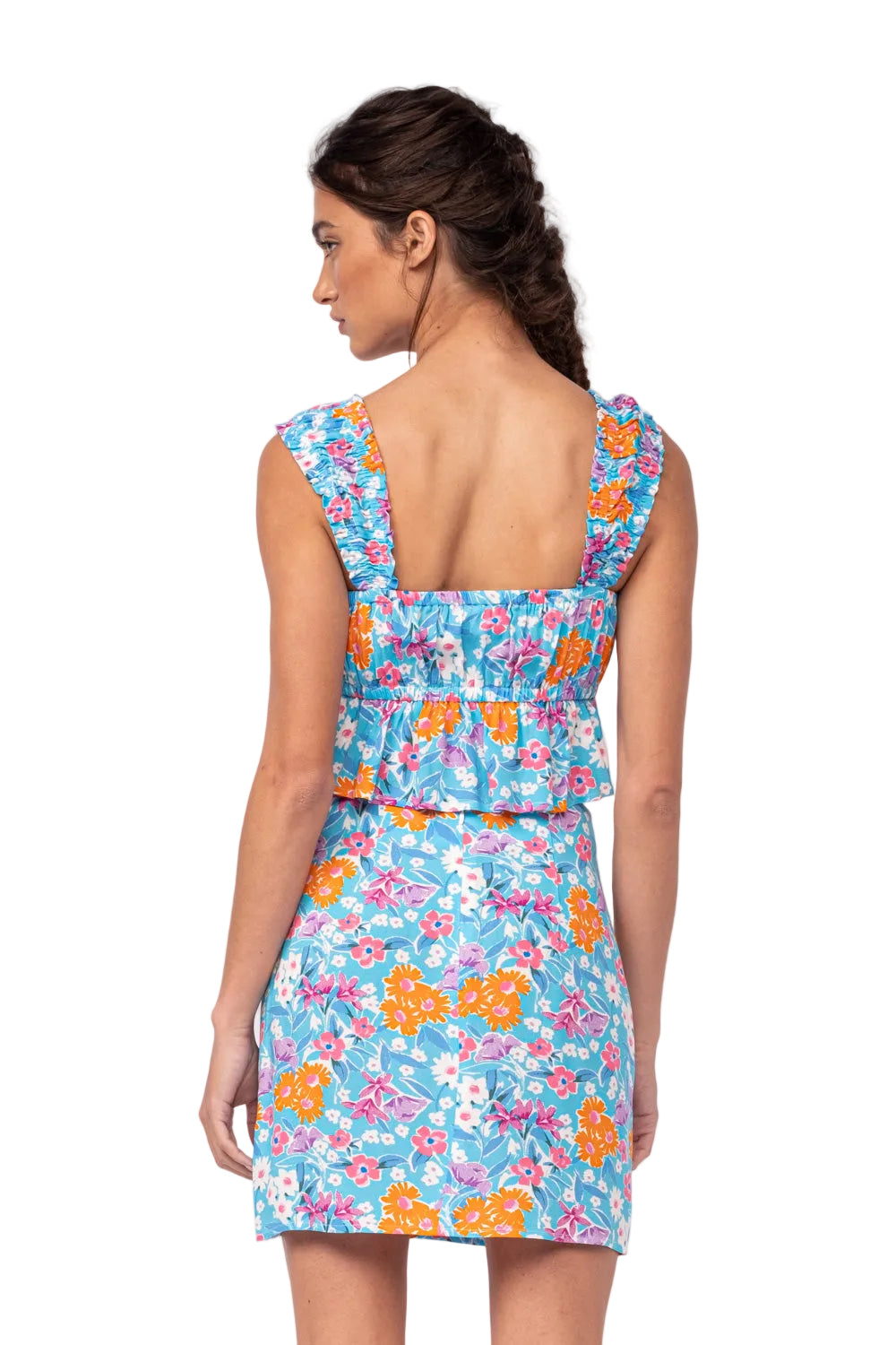 Floral ruched back mini skirt set with ruffle straps, blue multicolor