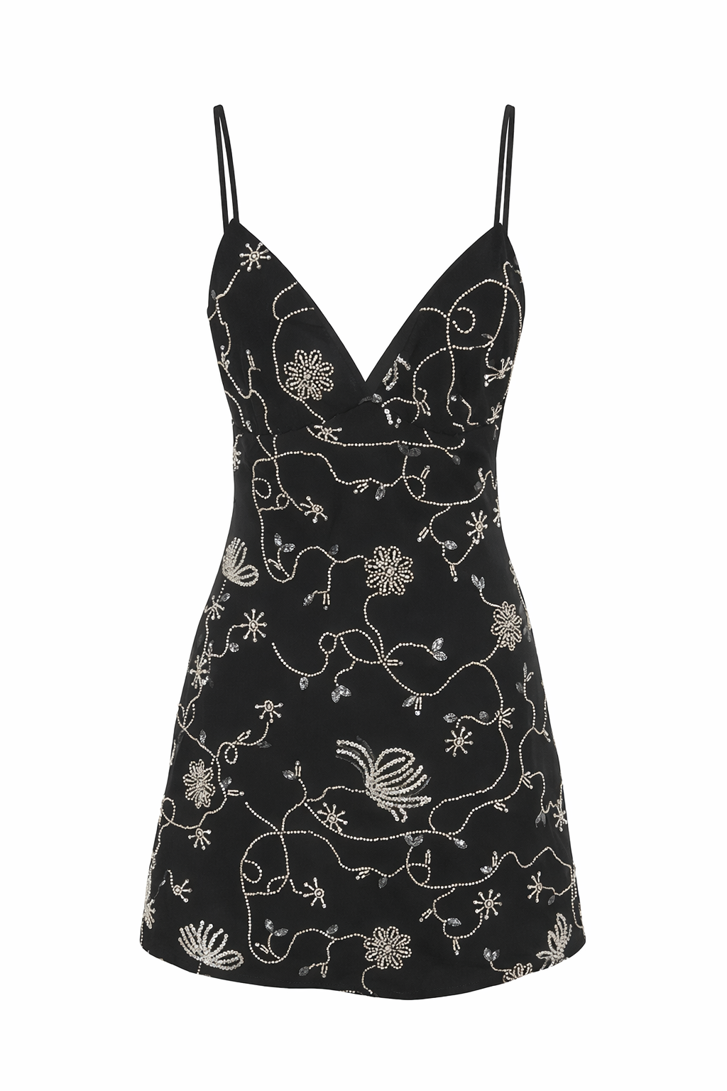 Beaded mini dress flat lay: V-neck spaghetti straps with all-over silver floral embroidery