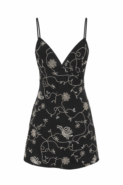 Beaded mini dress flat lay: V-neck spaghetti straps with all-over silver floral embroidery