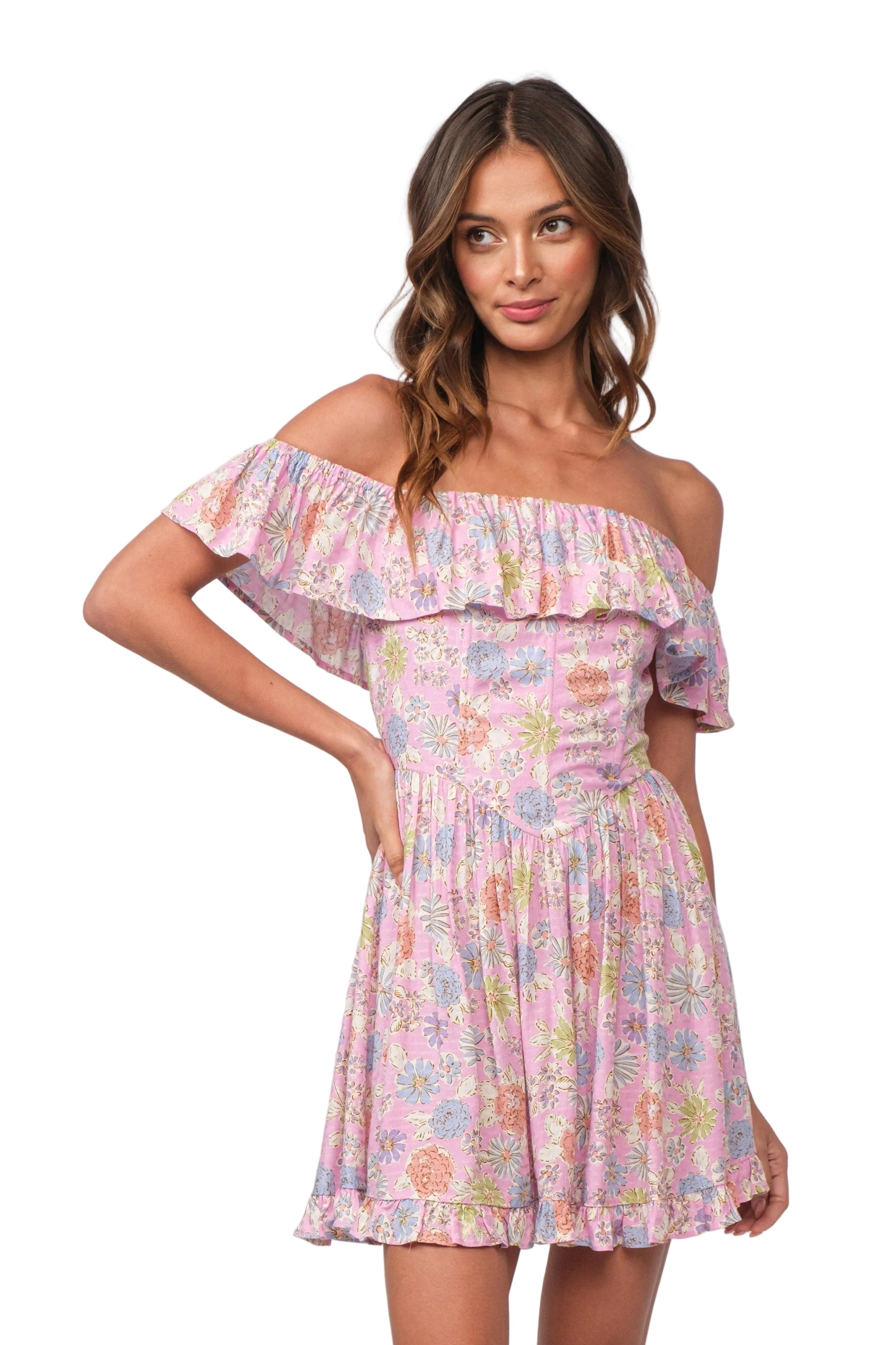 Juliana off-shoulder ruffle dress in pink floral print with tiered skirt