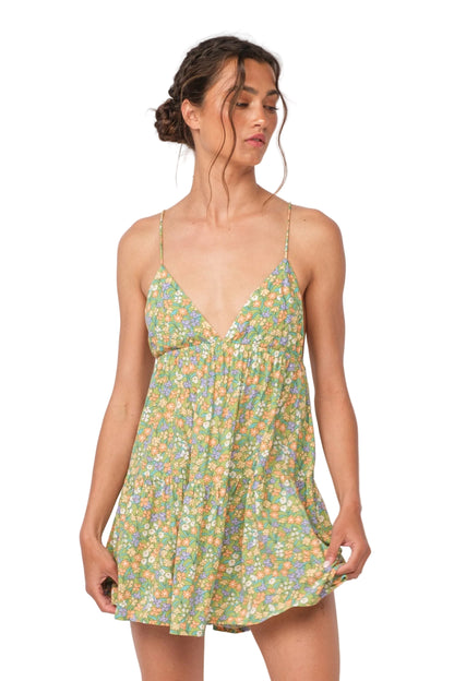Floral mini sundress with spaghetti straps, V-neck, gathered waist and flowy skirt