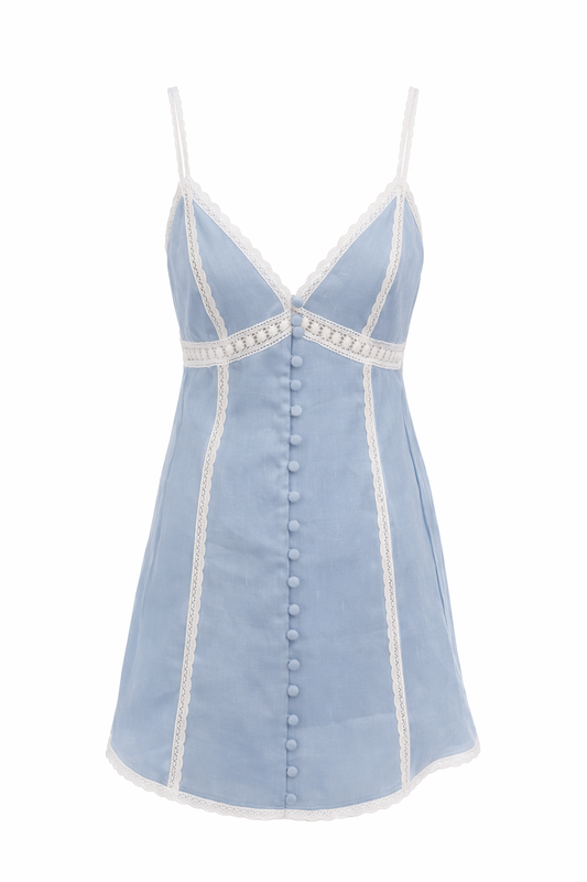 Light blue Eliana dress with lace trim, spaghetti straps, and button-front bodice.