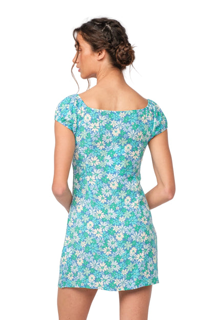 Turquoise daisy-print mini dress with short sleeves, back view