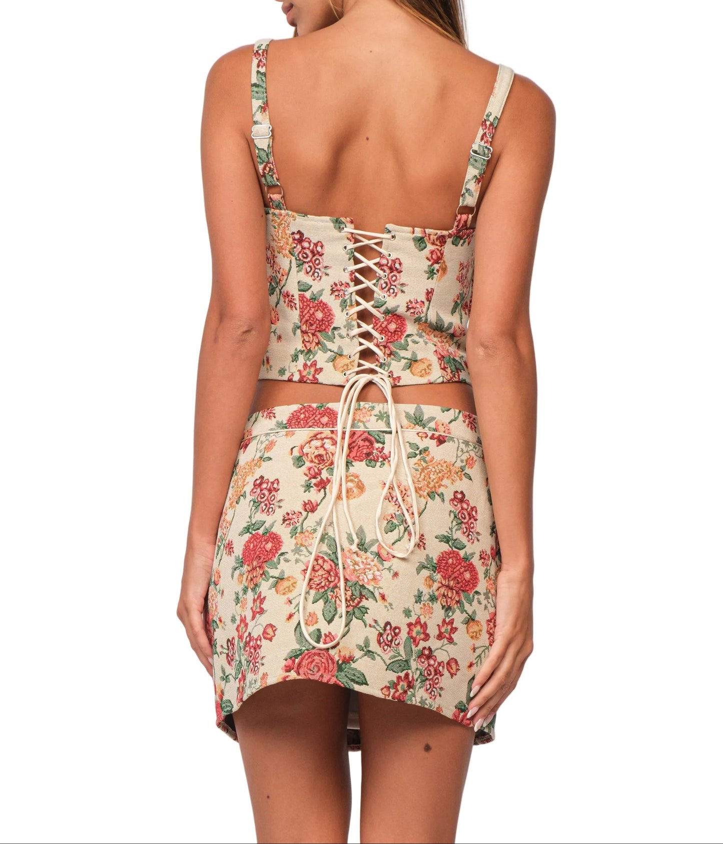 Lina floral backless crop top and mini skirt set with lace-up back