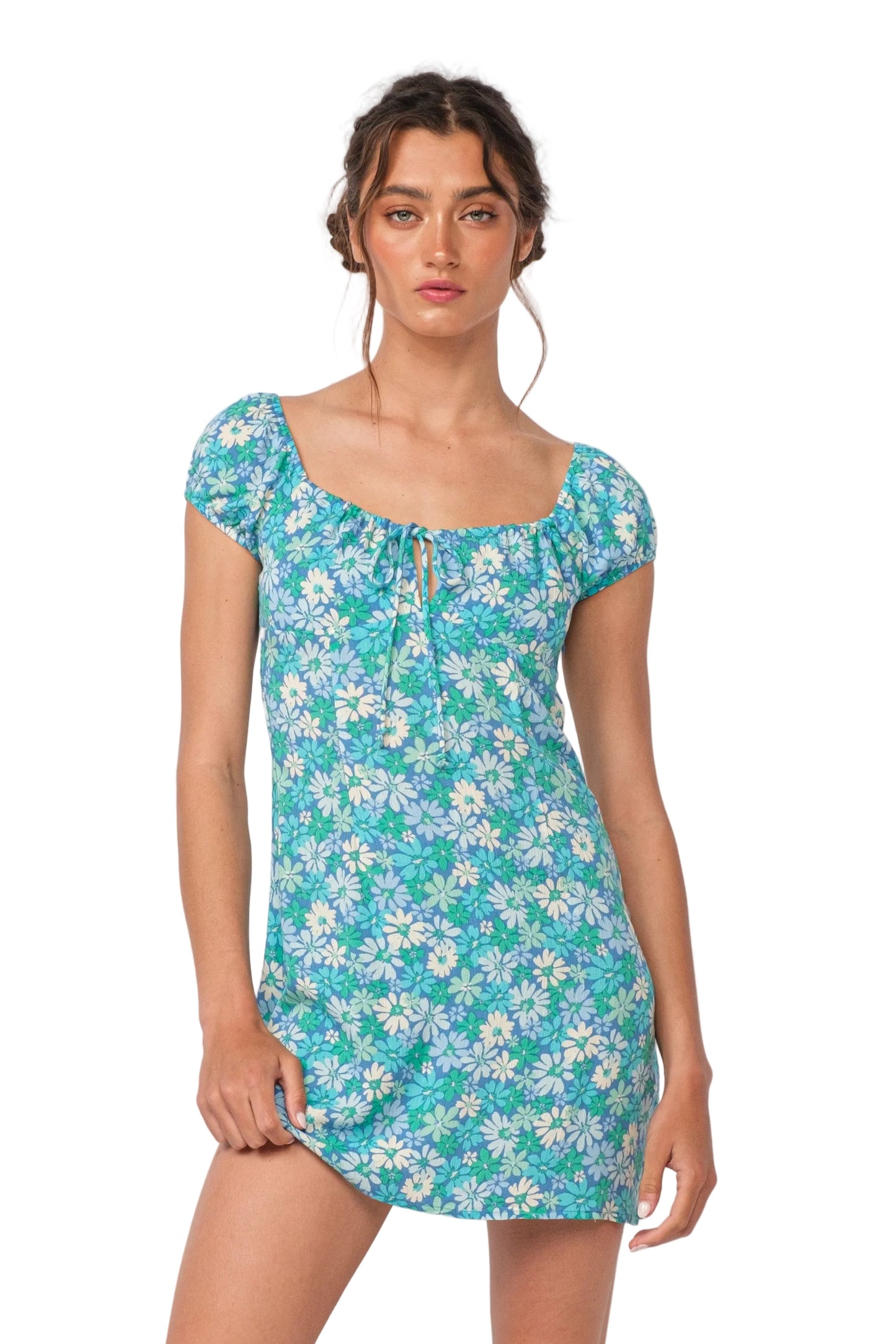 Turquoise floral mini dress with square neckline and short puff sleeves