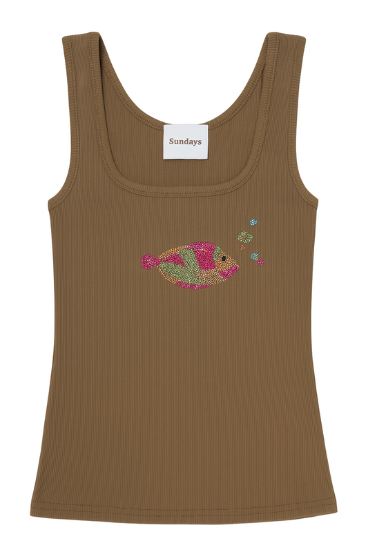 Brown tank top with a colorful fish design on a white background