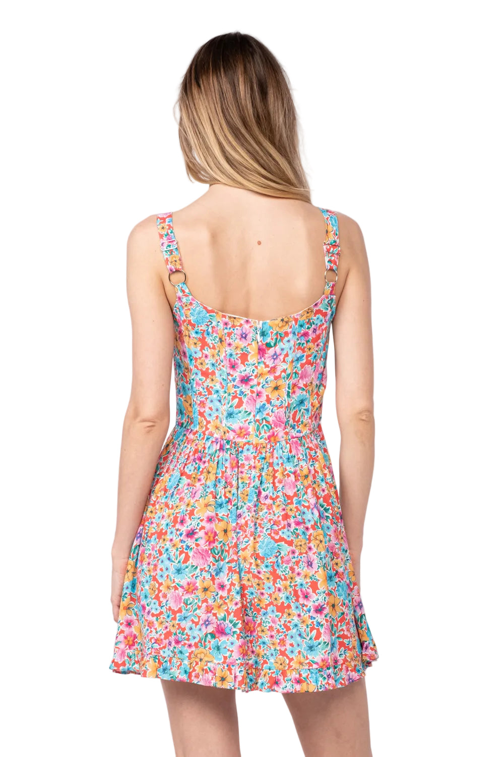 Floral sundress back view with wide scoop back and ruffle-trim shoulder straps