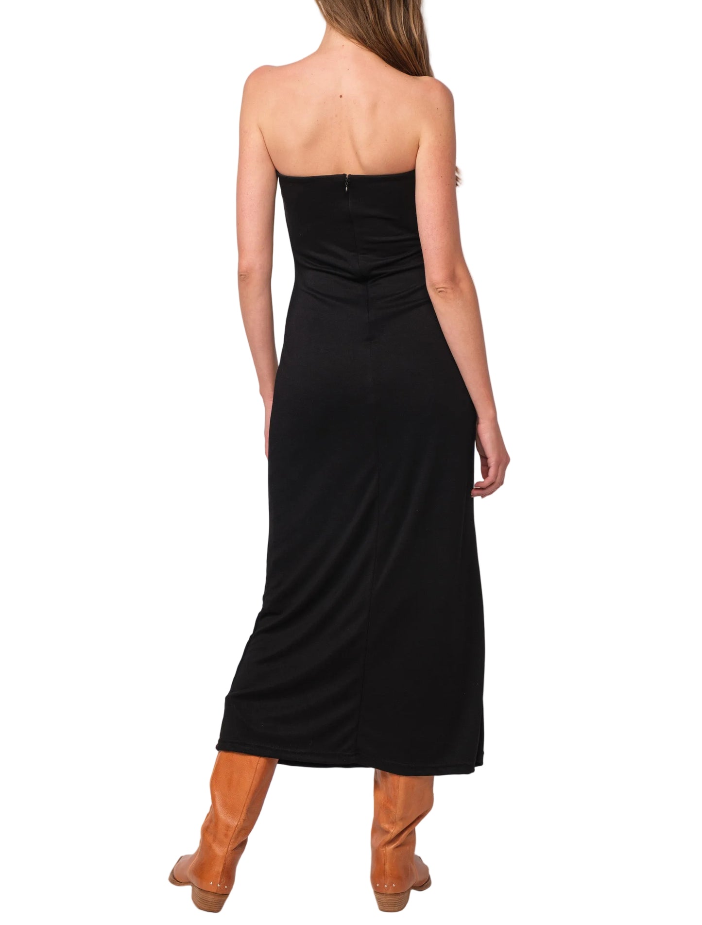 Strapless fitted midi dress, black, ruched waist (back view)