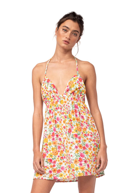 Floral sundress with spaghetti straps, V-neck front, and multicolor bloom print