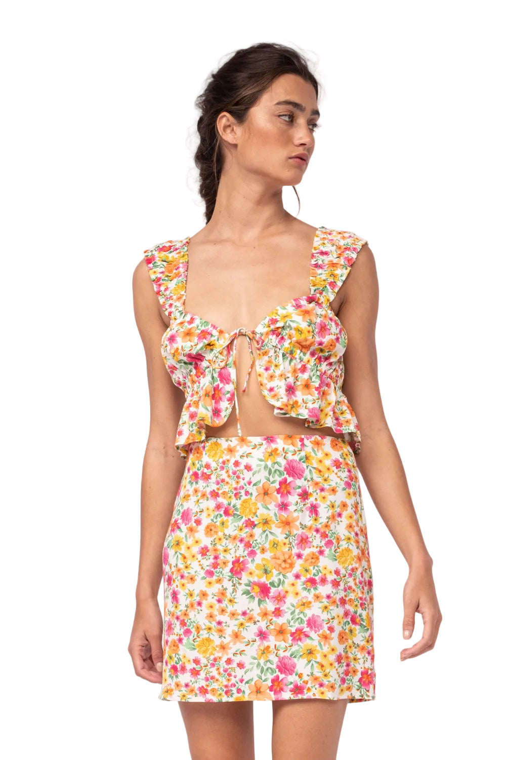 Lilly set floral crop top with tie front and ruffled shoulders, matching mini skirt