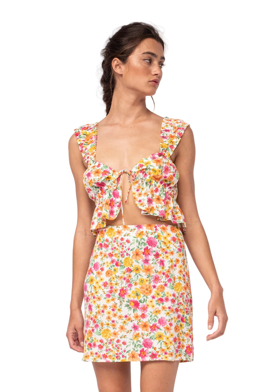 Lilly set floral crop top with tie front and ruffled shoulders, matching mini skirt