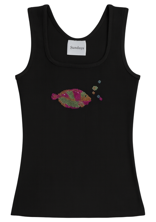 Black tank top with a colorful fish design on a white background