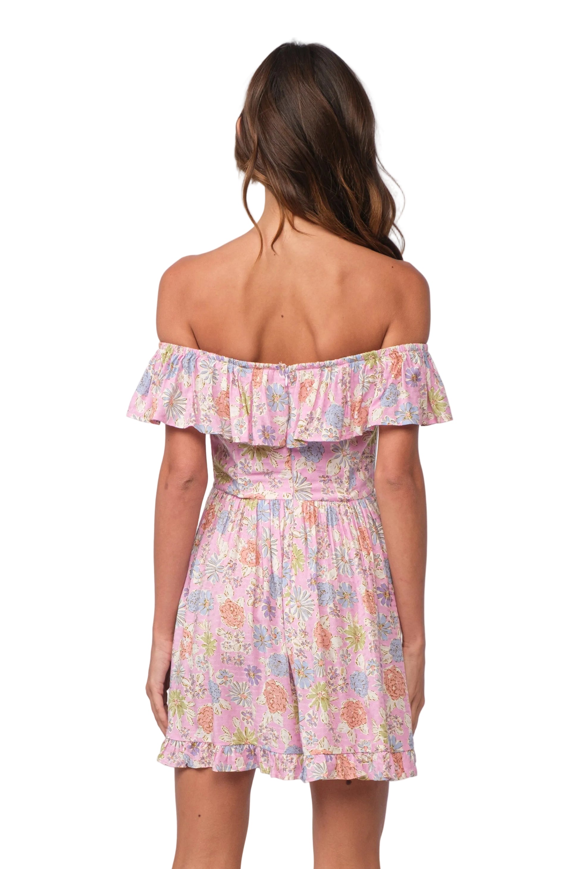 Juliana back view dress with off-shoulder ruffle, pink floral print, tiered skirt