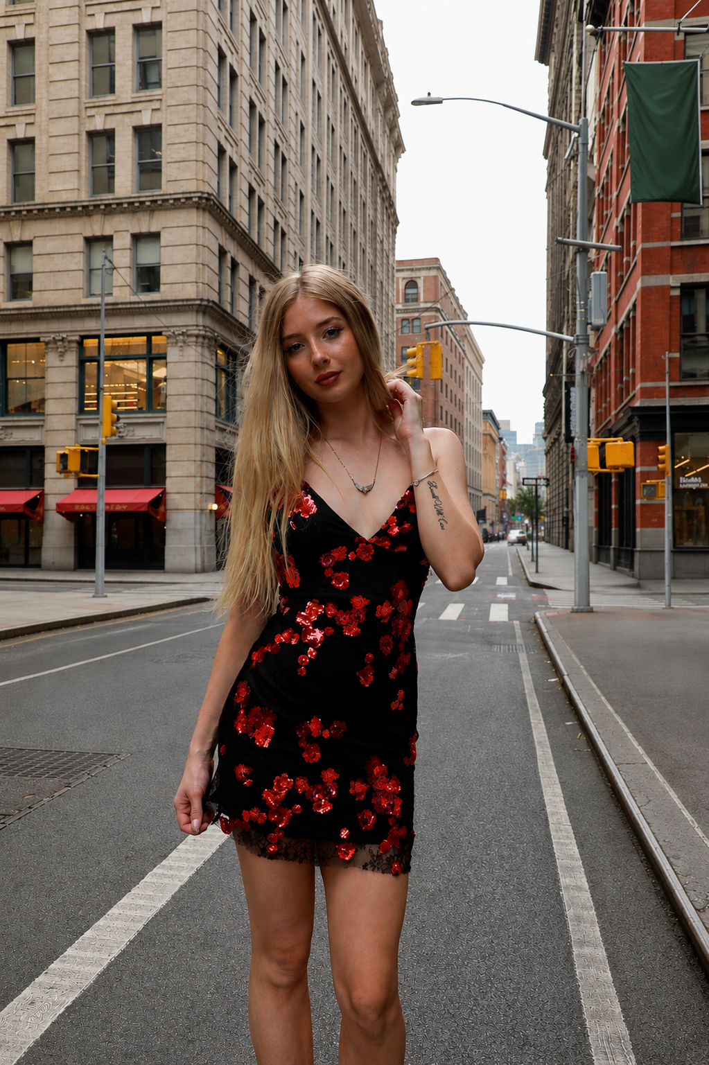 Black floral V-neck mini dress with thin straps