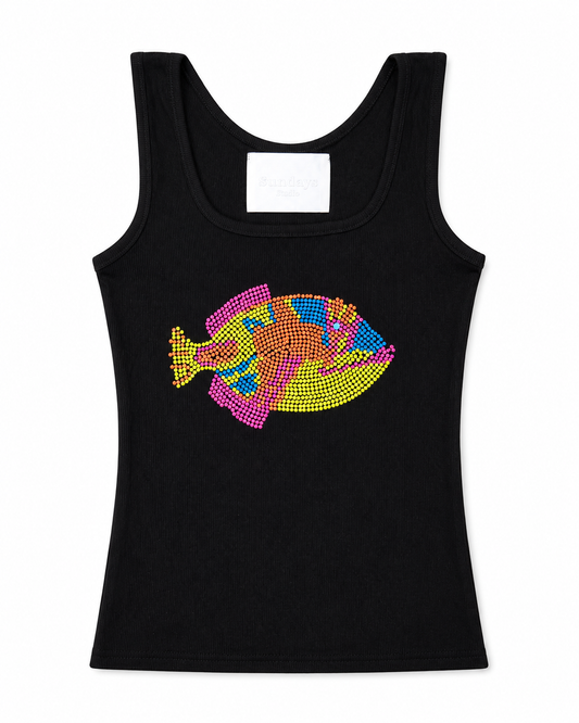 Black rhinestone tank top with multicolor fish graphic