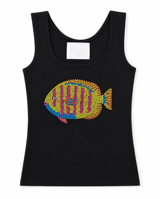 Black sleeveless tank top with rhinestone fish graphic at the center