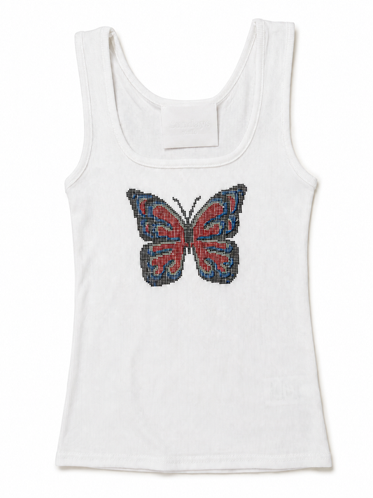 White rhinestone butterfly tank top with scoop neckline