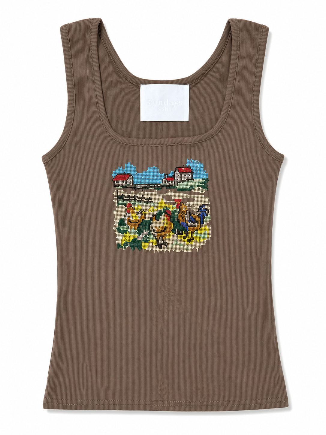 Rhinestone Countryside Graphic Ribbed Tank Top - Brown