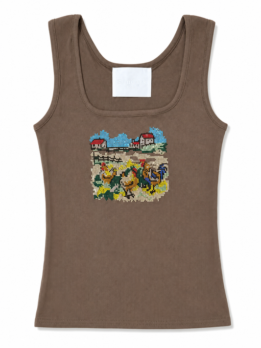 Brown ribbed tank top with rhinestone front graphic