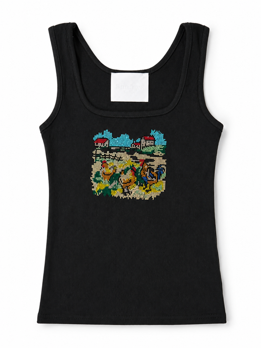 Rhinestone Countryside Graphic Ribbed Tank Top - Black