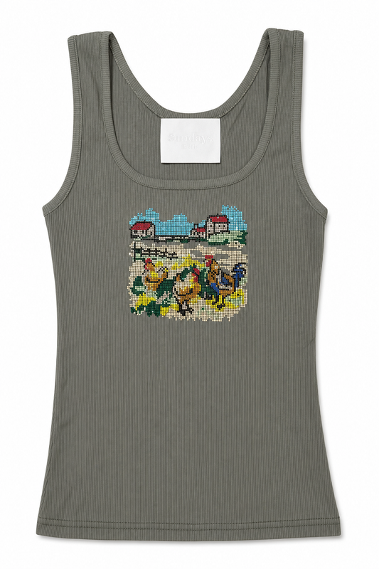 Olive green ribbed tank top with scoop neck and countryside rhinestone graphic